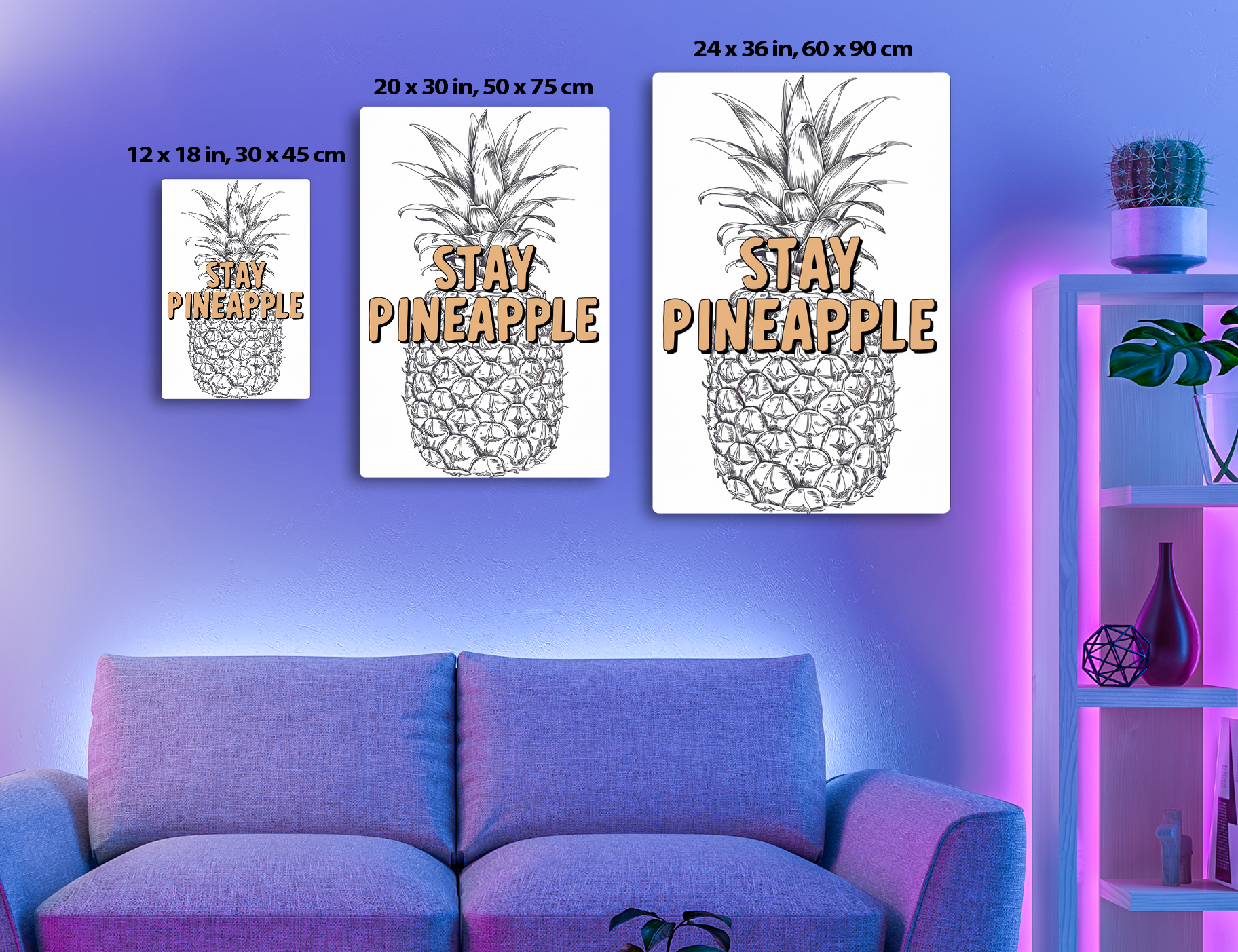 A detailed pencil sketch of a pineapple with the text "Stay Pineapple" overlaid, capturing its spiky texture and iconic shape.

