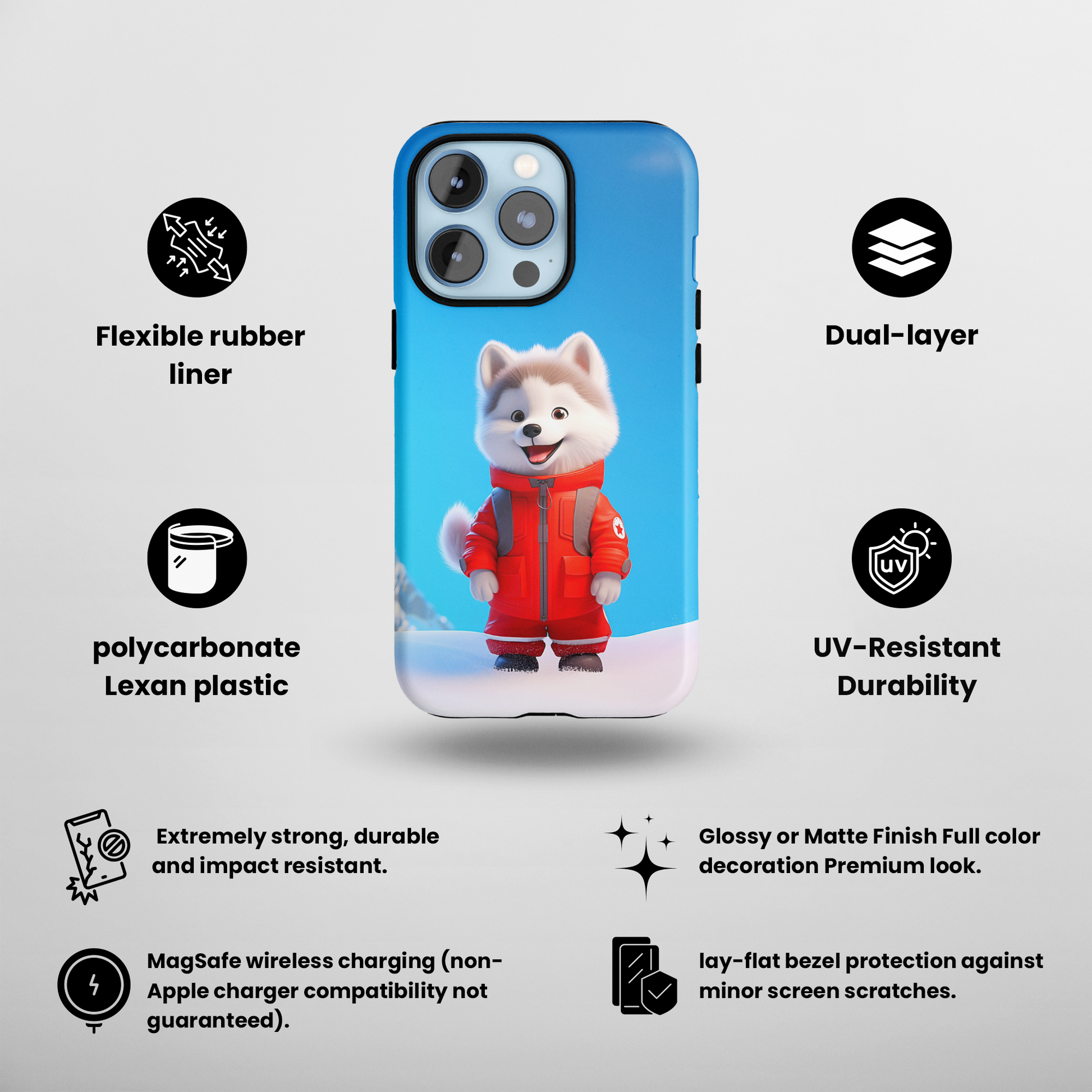 Tiny Ski Portal Husky (iPhone MagSafe Case)Tiny Ski Portal Husky MagSafe Durable Case: Style Meets Protection 📱✨
Upgrade your device with Rima Gallery's Tiny Ski Portal Husky MagSafe Durable Case. This case RimaGallery