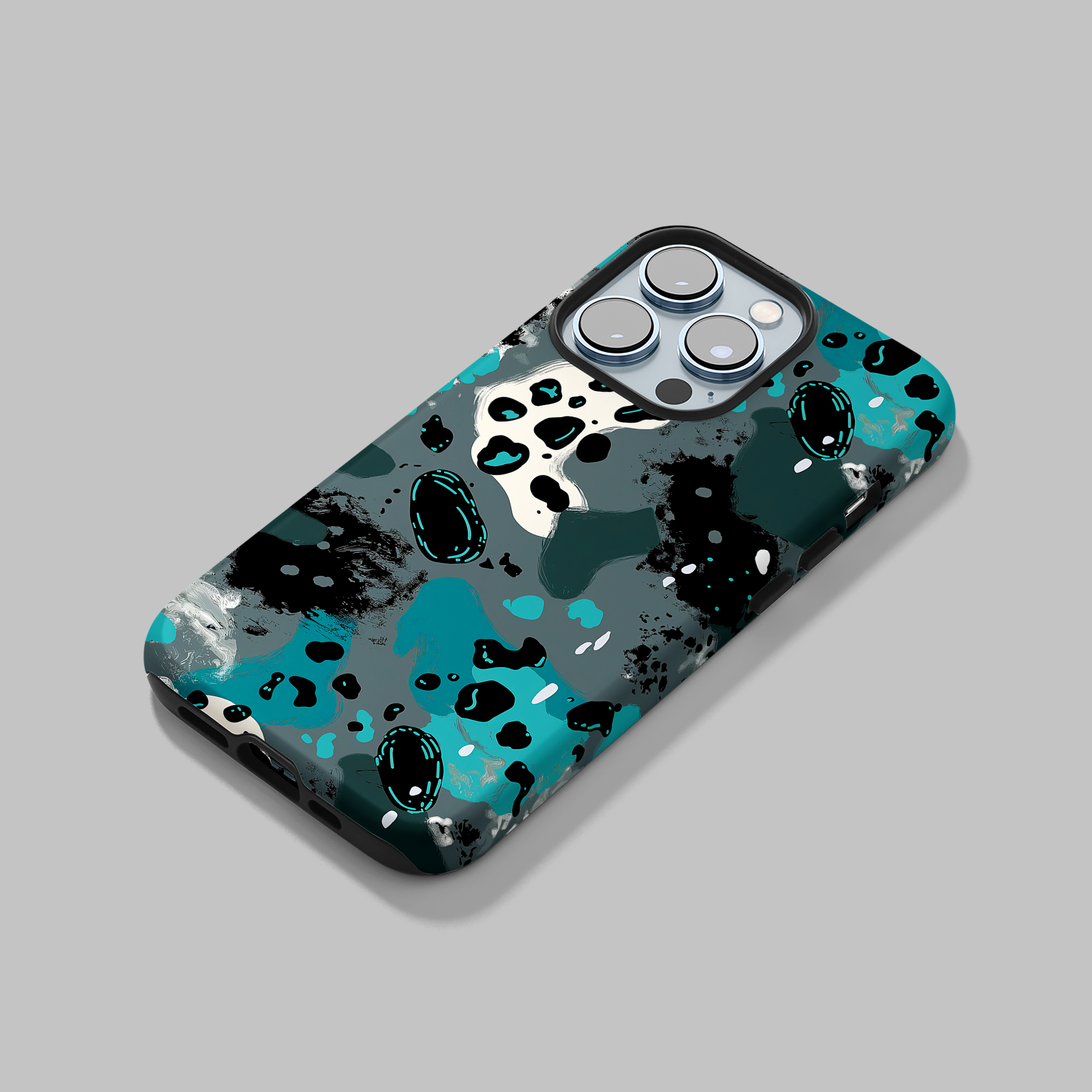 Aqua Abstract (iPhone Case 11-15)Elevate your iPhone's protection and style with RimaGallery's Abstract teal and black speckled pattern On case, featuring dual-layer defense and a sleek, glossy finiRimaGallery
