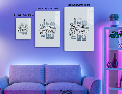 An illustrated design featuring iconic British landmarks like Big Ben clock tower, the London Eye, castles, and row houses, with the text "British Charm" in calligraphic style.
