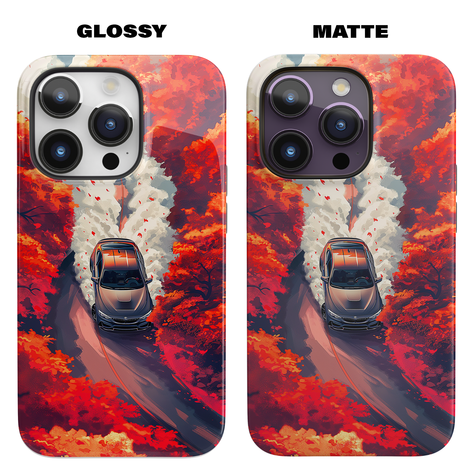 Autumn Drive (iPhone MagSafe Case)Elevate your iPhone's protection and style with RimaGallery's A car journey through a fiery autumnal forest on iphone MagSafe Case against a dark backdrop. Enjoy duaRimaGallery