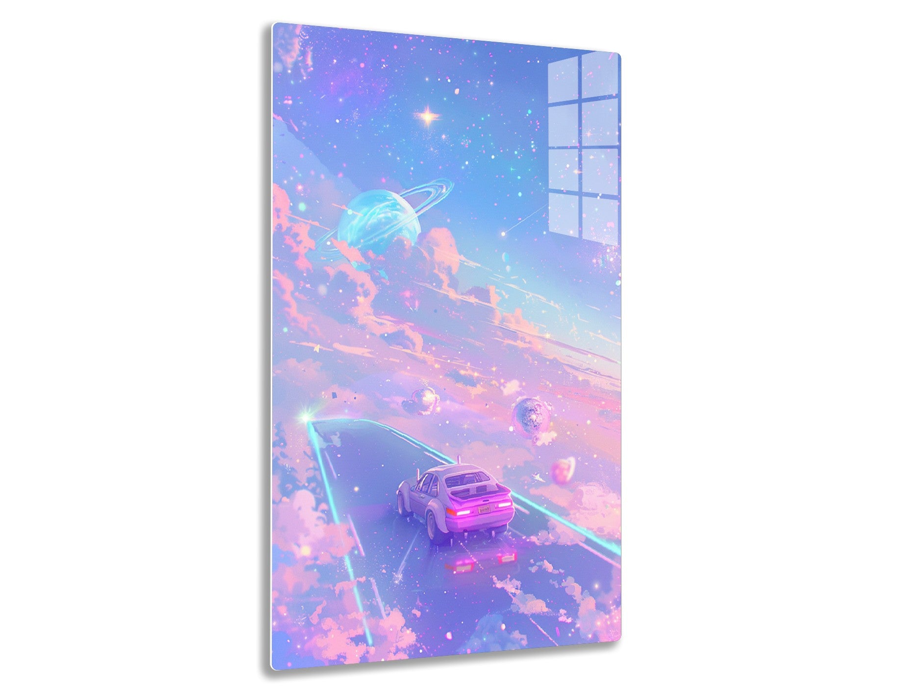 A futuristic cosmic scene with a car driving on a glowing path through a colorful nebula filled with planets, stars, and celestial formations, evoking a surreal and imaginative journey through space.
