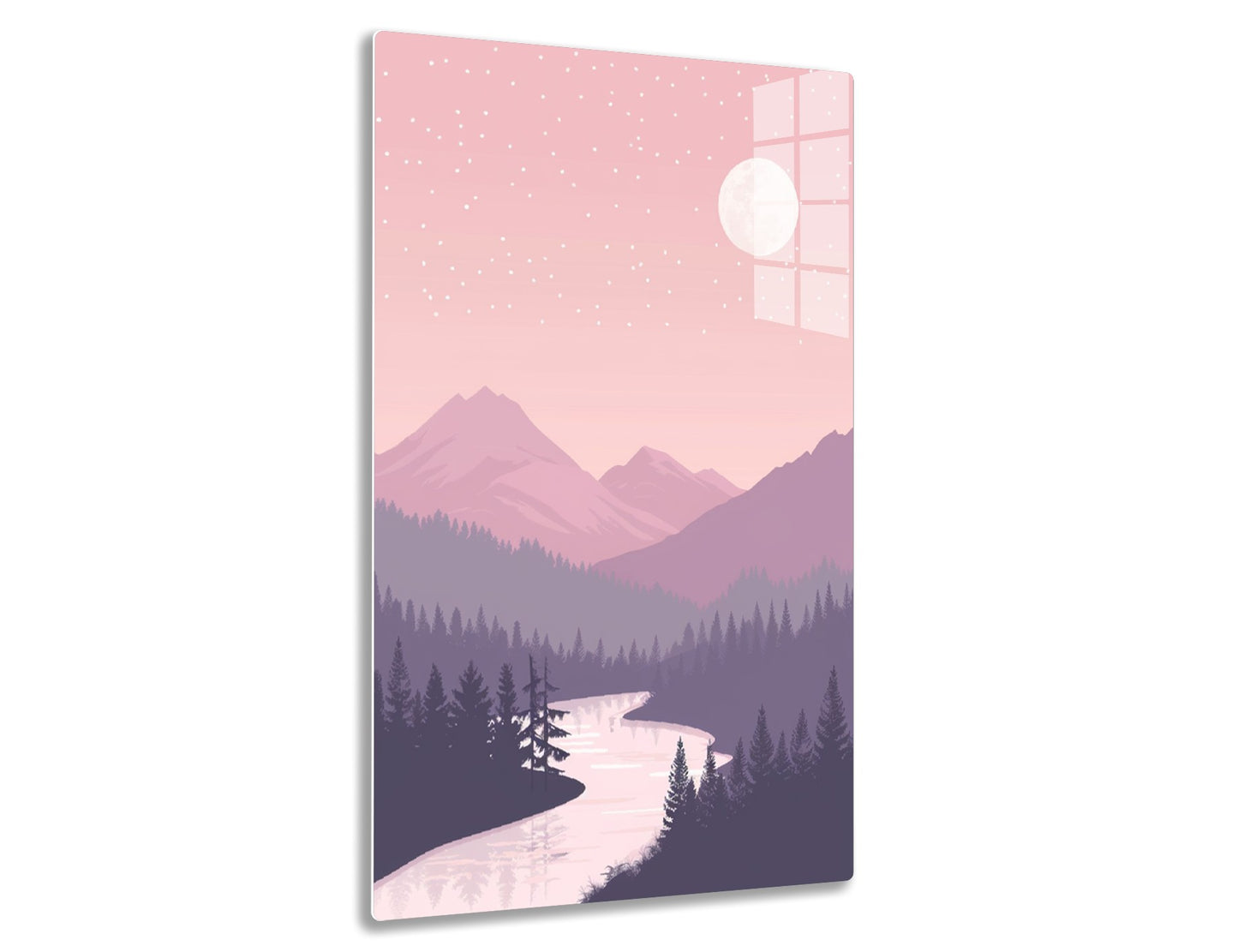 Mountain landscape at night with a full moon, pine forests and a winding river reflecting the moonlight in shades of pink and purple.

