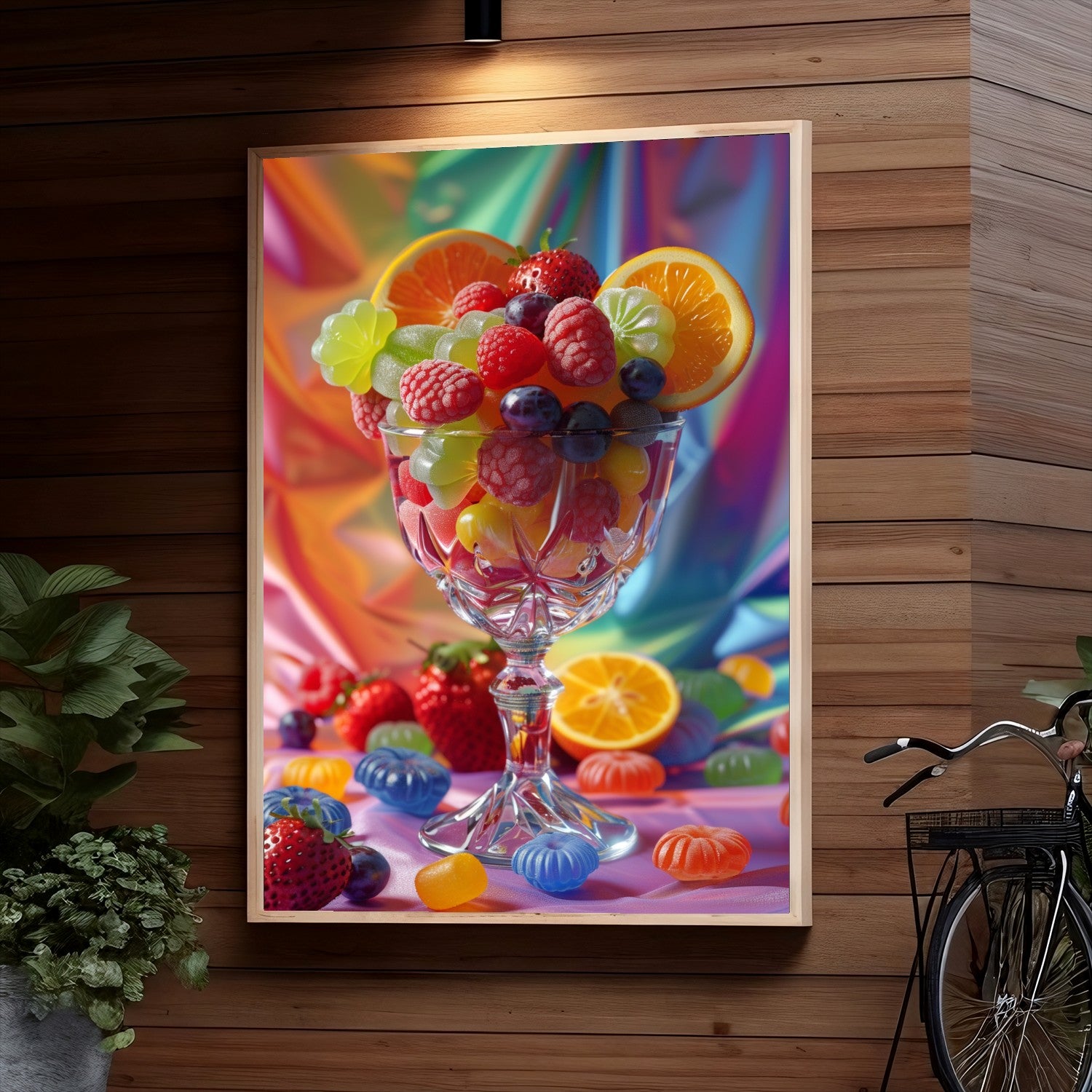 A crystal dessert glass filled with fresh strawberries, raspberries, blueberries, orange slices, and gummy fruit candies against a vibrant colorful background.
