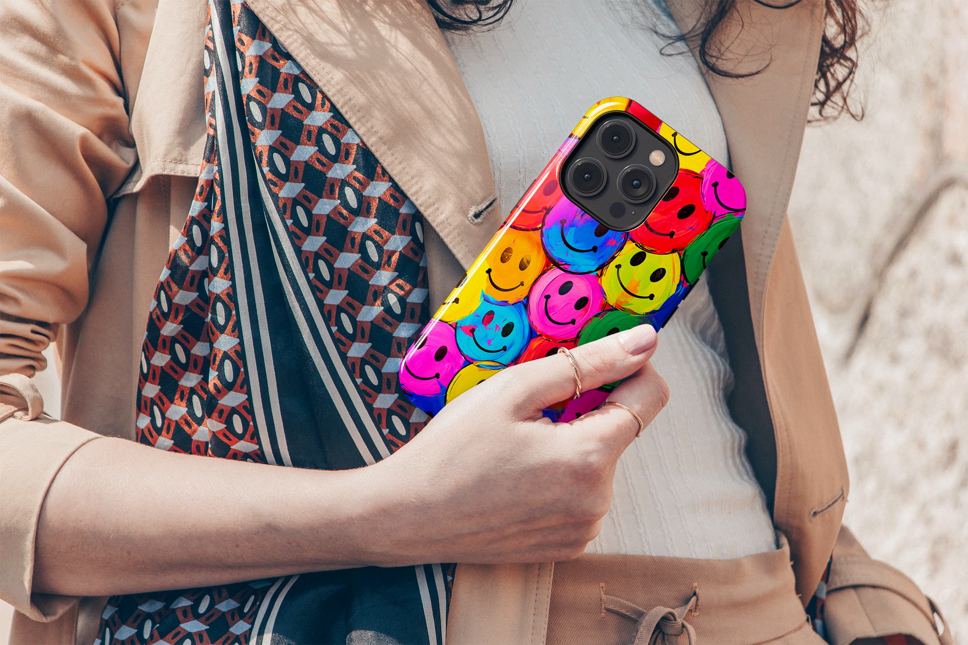 Colorful Smiley Face (iPhone MagSafe Case)Elevate your iPhone's protection and style with RimaGallery's Colorful smiley face on iphone MagSafe Case against a dark backdrop. Enjoy dual-layer defense, vibrant RimaGallery