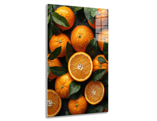 Ripe oranges with water droplets surrounded by green leaves, halved oranges showing their juicy star-shaped interior.
