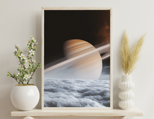A stunning view of Saturn from space, showcasing its iconic rings and hazy atmospheric bands, set against a backdrop of stars and clouds.
