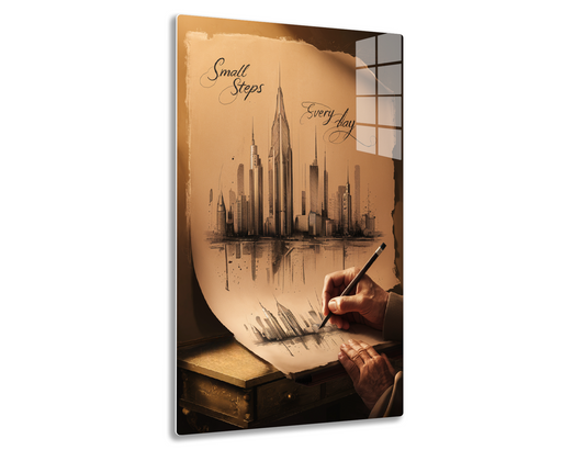 A vintage-style illustration shows a hand sketching a futuristic cityscape with towering skyscrapers reflected in water, along with the text "Small Steps Every Day", symbolizing progress through consistent effort.
