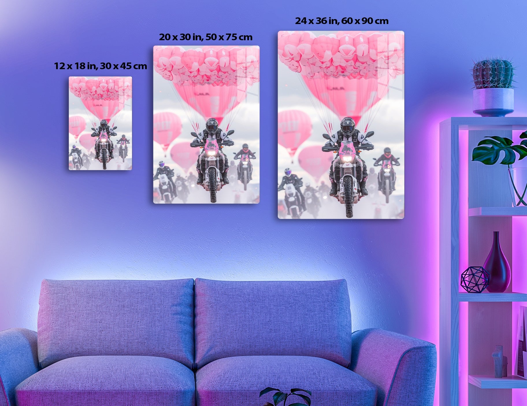 Motorcycle riders on the road with pink balloons trailing behind, creating a surreal and artistic visual effect.
