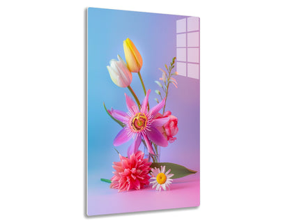 Vibrant and colorful floral arrangement consisting of tulips, daisies, and a bright pink passionfruit flower against a purple and blue gradient background.
