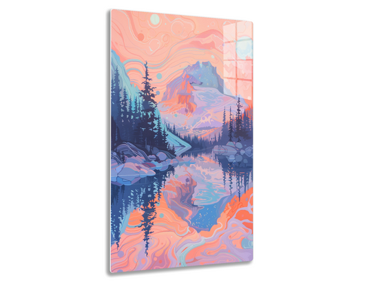 A vibrant landscape illustration featuring a mountainous scenery reflected in a tranquil lake, surrounded by pine trees, with swirling clouds in shades of peach, blue, and purple creating a dream-like atmosphere.
