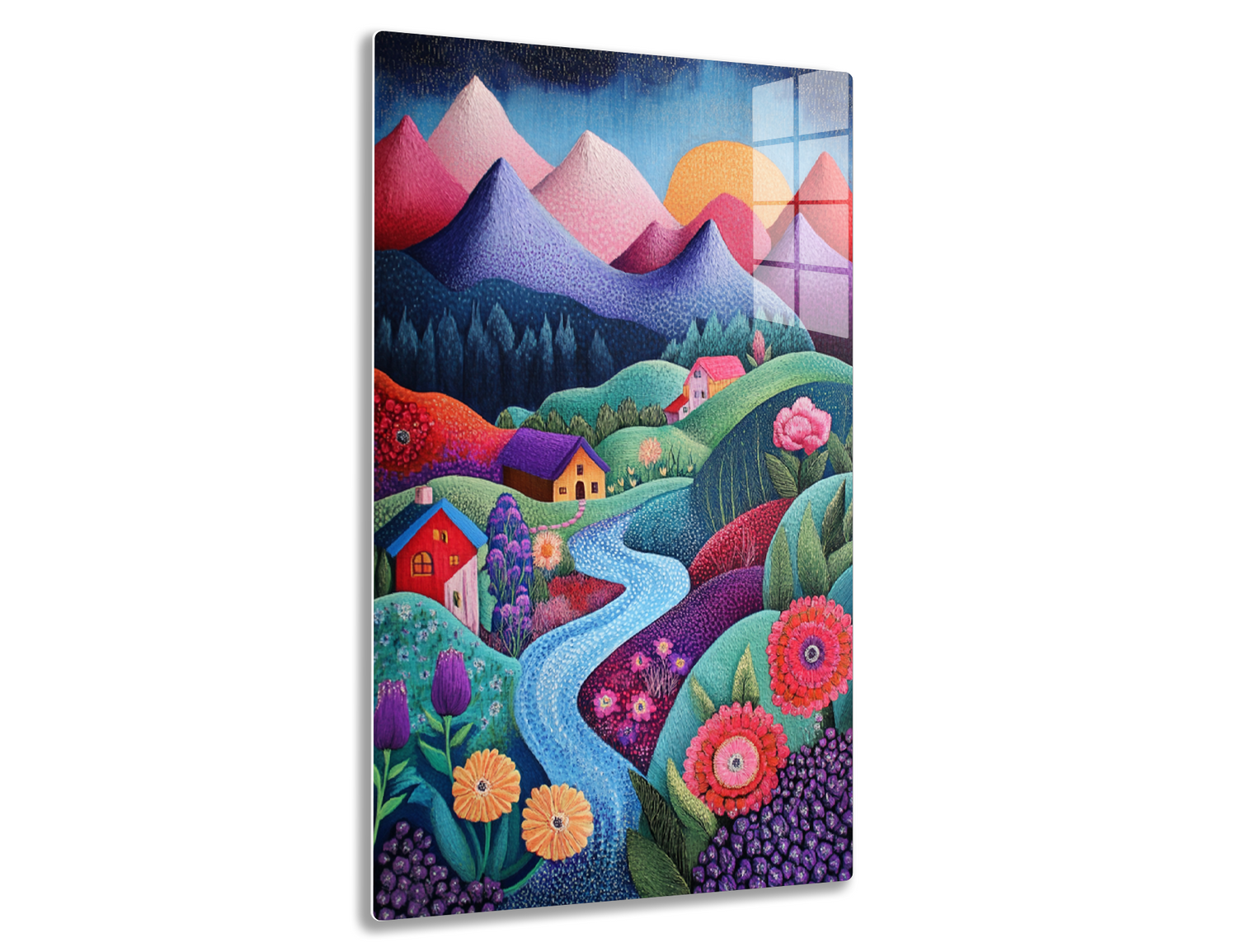 A vibrant landscape depicting colorful mountains, houses nestled amidst winding rivers and blooming floral fields under an orange sun, showcasing a harmonious fusion of natural and architectural elements in a stylized, whimsical style
