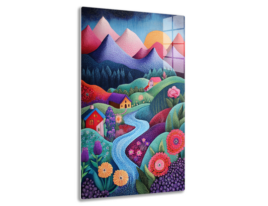 A vibrant landscape depicting colorful mountains, houses nestled amidst winding rivers and blooming floral fields under an orange sun, showcasing a harmonious fusion of natural and architectural elements in a stylized, whimsical style
