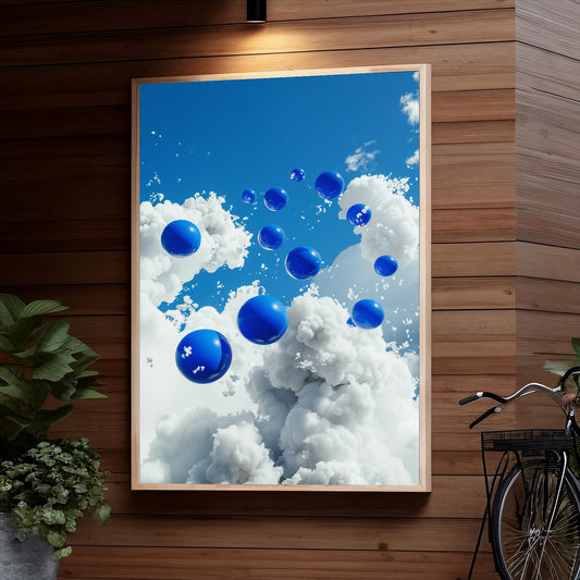 Floating blue bubbles against a cloudy blue sky, creating a surreal and whimsical scene.
