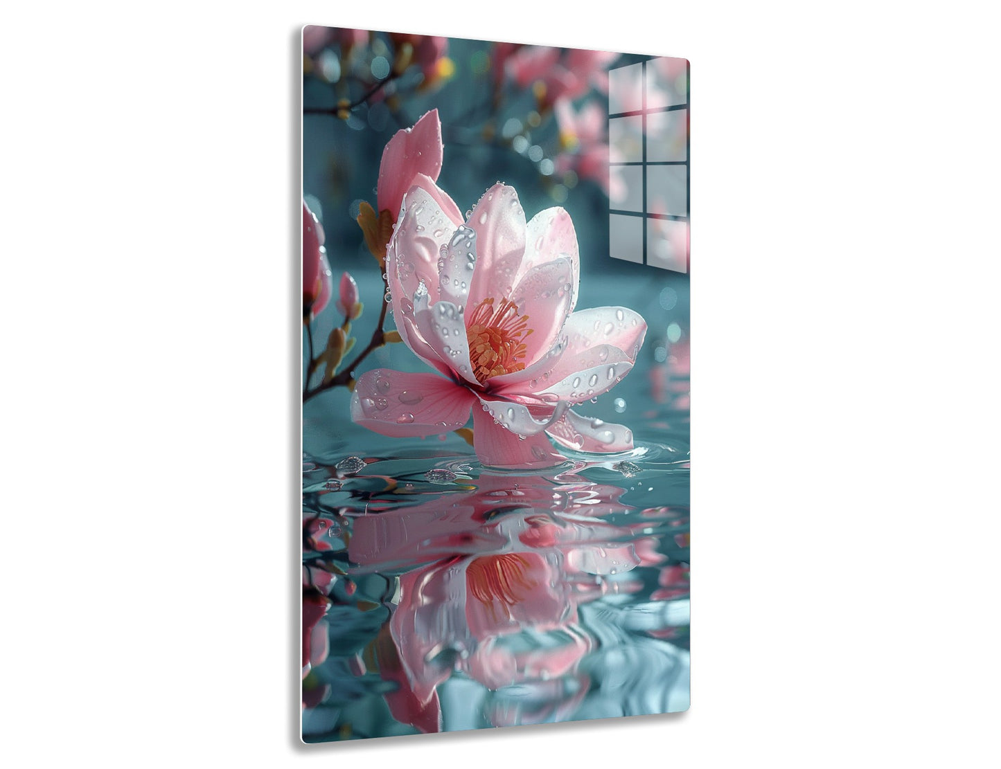 A beautiful pink lotus flower blooms in the water, adorned with delicate dewdrops on its pristine petals, reflecting in the serene ripples beneath it against a soft blurred background.
