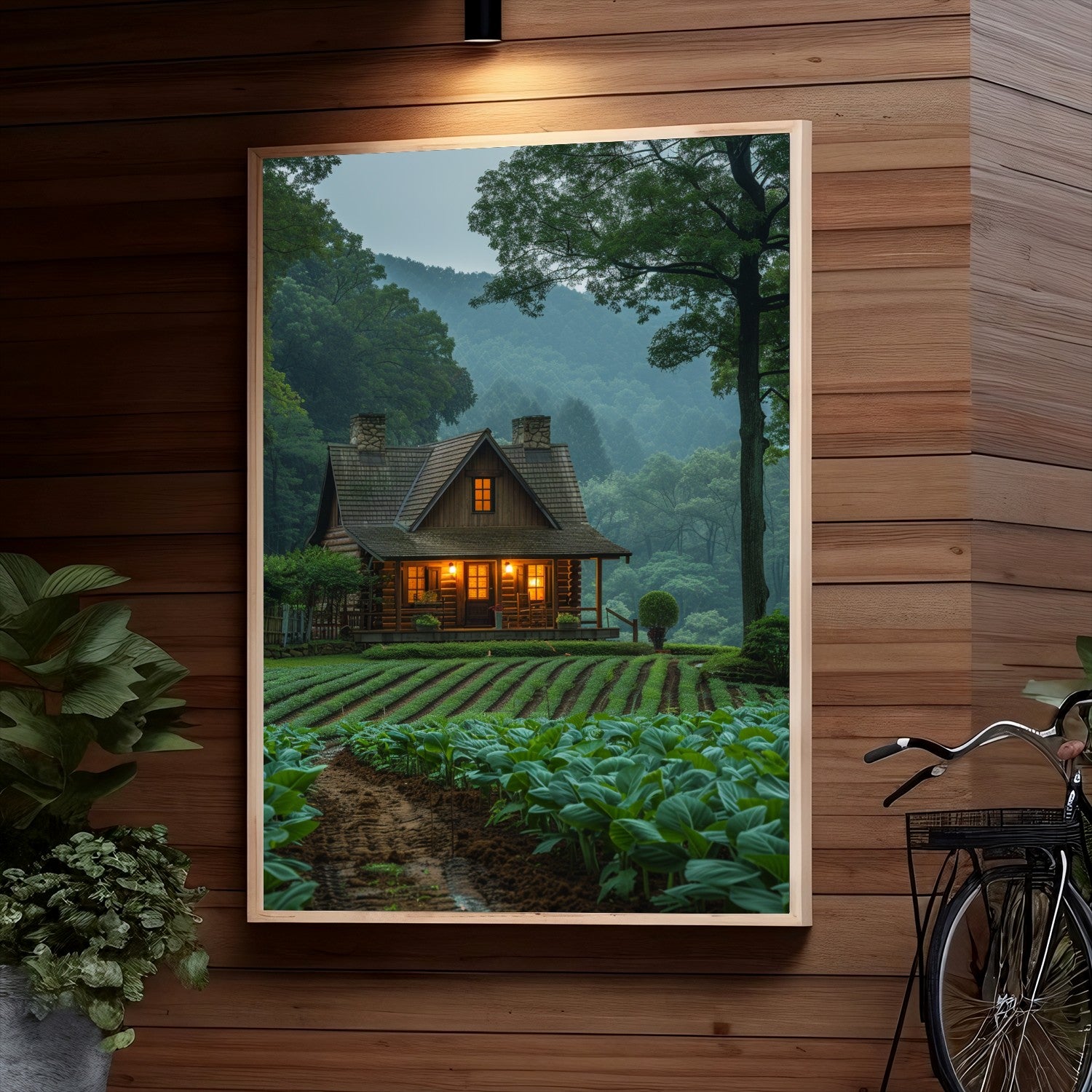 A cozy log cabin nestled in a lush, misty forest with warm lights glowing from its windows, surrounded by a well-kept vegetable garden and a manicured lawn leading up to the house.
