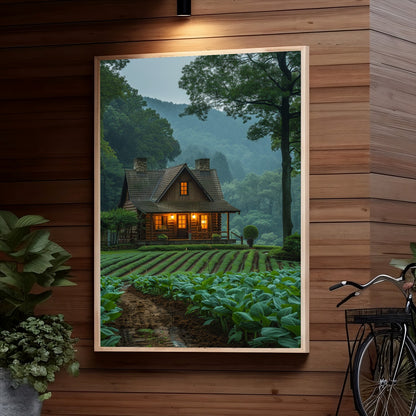A cozy log cabin nestled in a lush, misty forest with warm lights glowing from its windows, surrounded by a well-kept vegetable garden and a manicured lawn leading up to the house.
