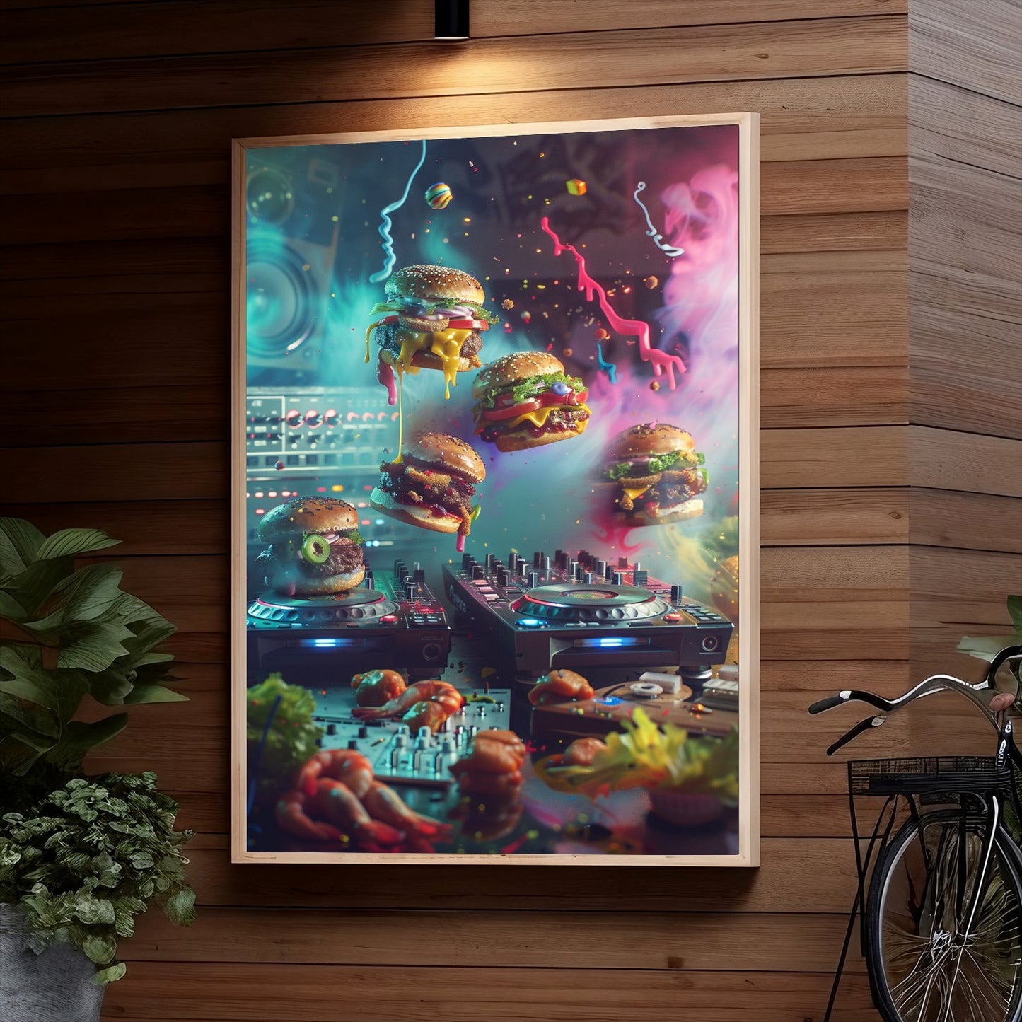 An imaginative scene depicting DJ equipment surrounded by gigantic, surreal hamburgers dripping neon sauces, amidst a vibrant, atmospheric backdrop with abstract splashes of color.
