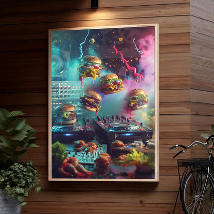An imaginative scene depicting DJ equipment surrounded by gigantic, surreal hamburgers dripping neon sauces, amidst a vibrant, atmospheric backdrop with abstract splashes of color.
