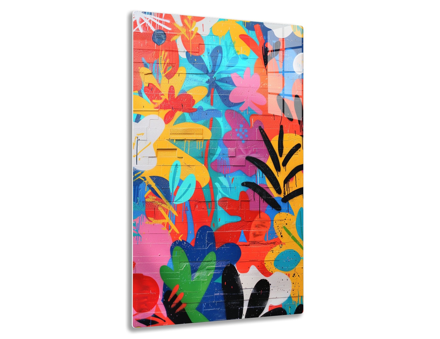 A vibrant, abstract street art mural featuring bold shapes, splashes of colors like red, yellow, blue, pink, and black fluid paint drippings, creating a dynamic and energetic composition.
