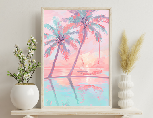 Tropical beach sunset scene with palm trees and hanging swing chairs reflected in calm water, rendered in pastel pink and blue tones.
