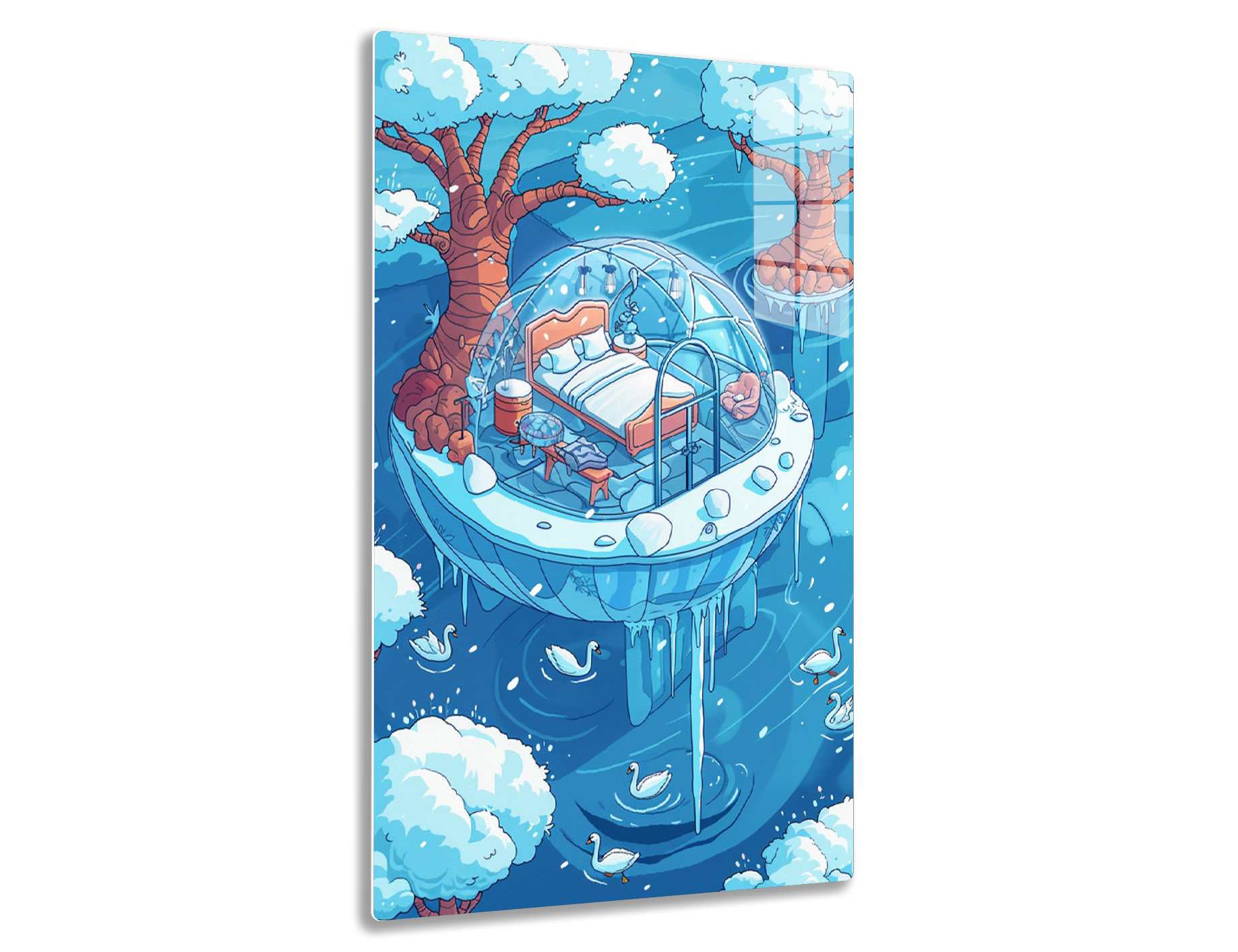 A whimsical scene depicting a cozy bedroom encapsulated within a transparent bubble suspended among clouds, with twisting tree branches framing the dreamlike environment, and swans gliding on the misty blue waters below.
