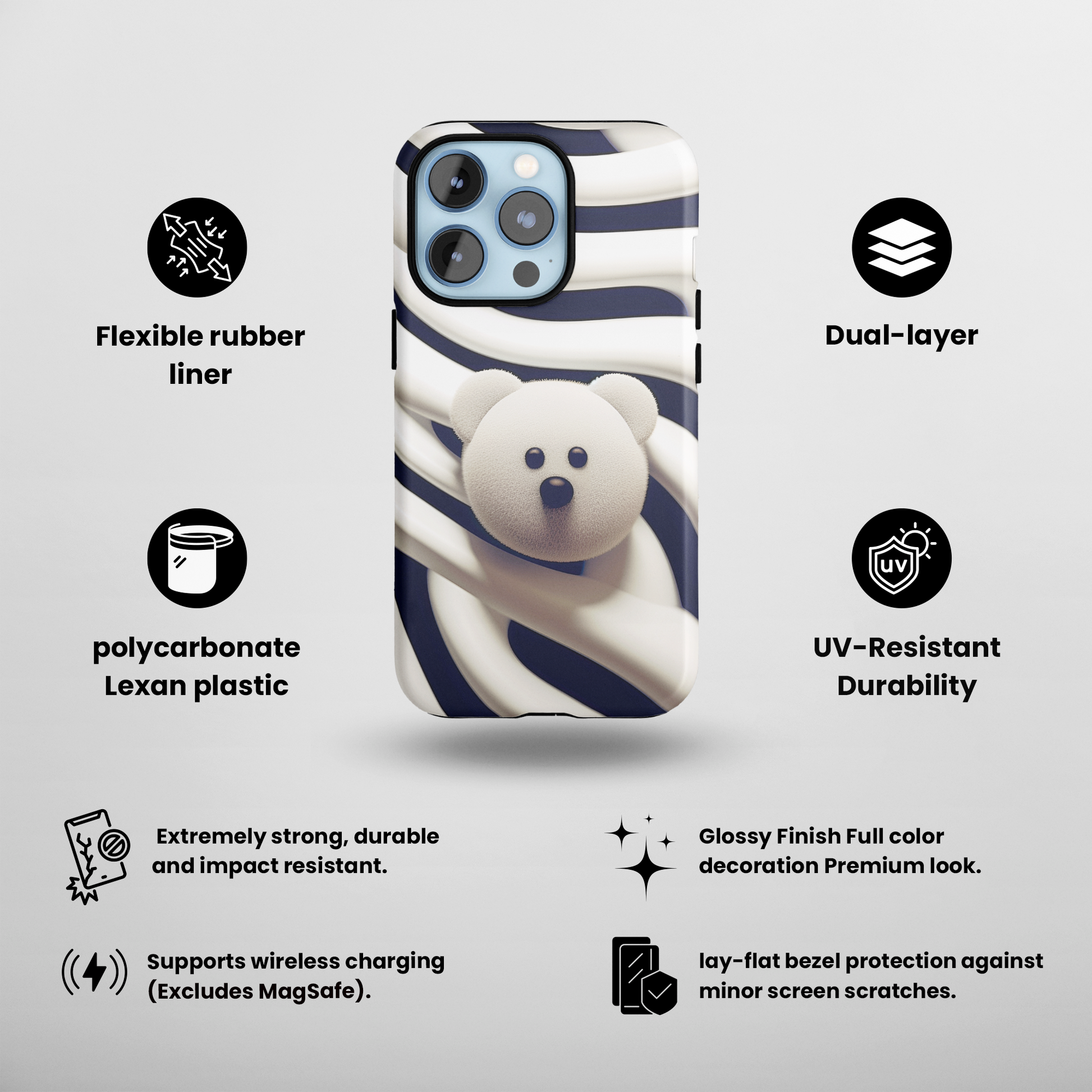 Zebra Print Teddy Bear (iPhone Case 11-15)Zebra Print Teddy Bear Phone Case for iPhone 11-15: Combining Glossy Elegance with Shockproof Functionality
Dive into the Exotic World of Zebra Patterns:
Get mesmeriRimaGallery
