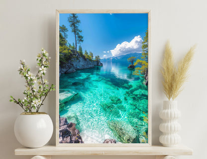 Breathtaking view of a vibrant turquoise lake nestled in mountains, with crystal clear waters revealing submerged rocks, surrounded by pine trees and a few clouds in the blue sky.
