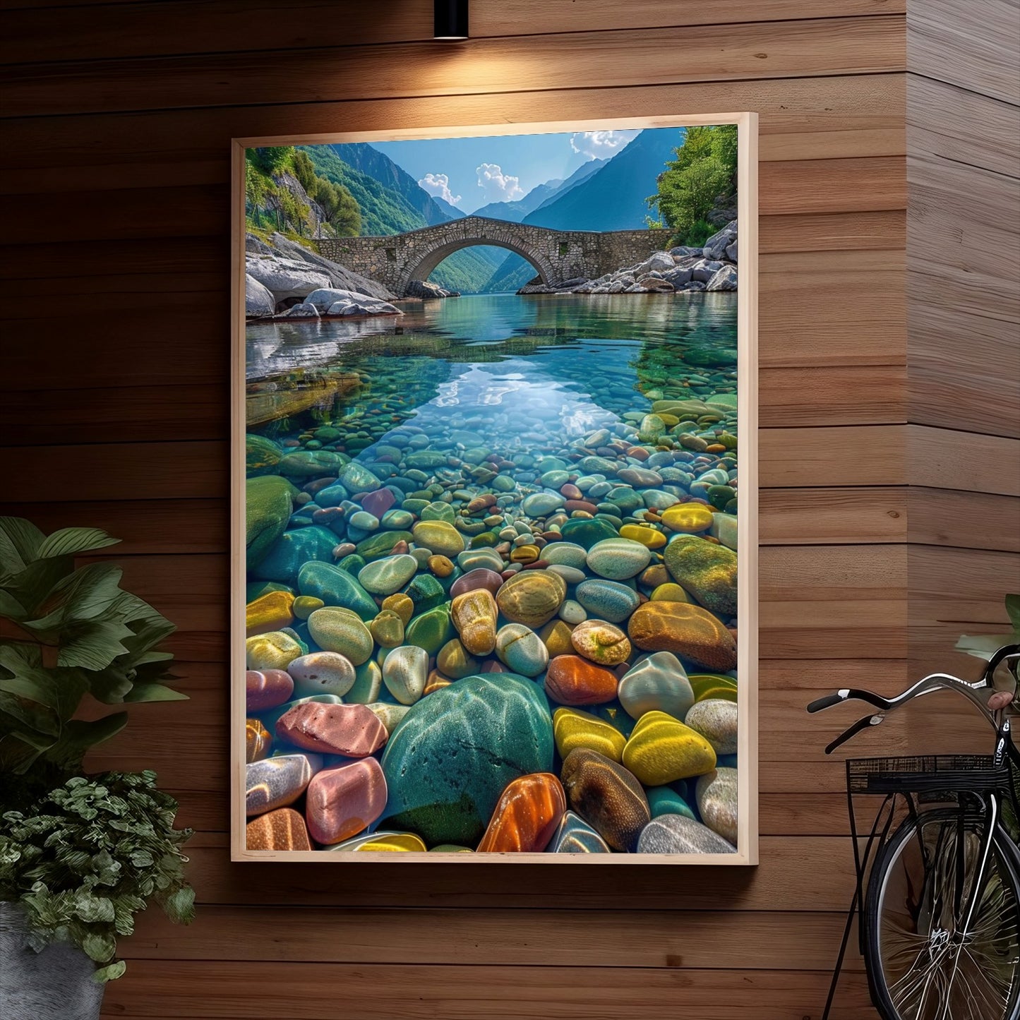 Scenic mountain landscape with a stone bridge over a crystal clear river, the riverbed covered with smooth, colorful pebbles reflecting in the vibrant green water.
