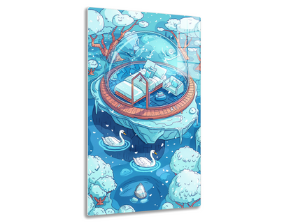 A whimsical illustration of a cozy bedroom encapsulated in a transparent dome, suspended over a serene lake with swans and surrounded by swaying trees and fluffy clouds in a dreamlike landscape.
