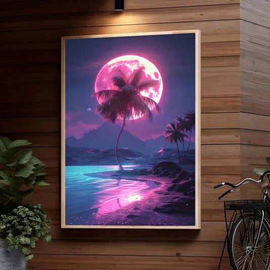 A surreal beach scene with a giant pink moon illuminating palm trees silhouetted against a vibrant purple sky, reflecting on the rippling pink ocean waves.
