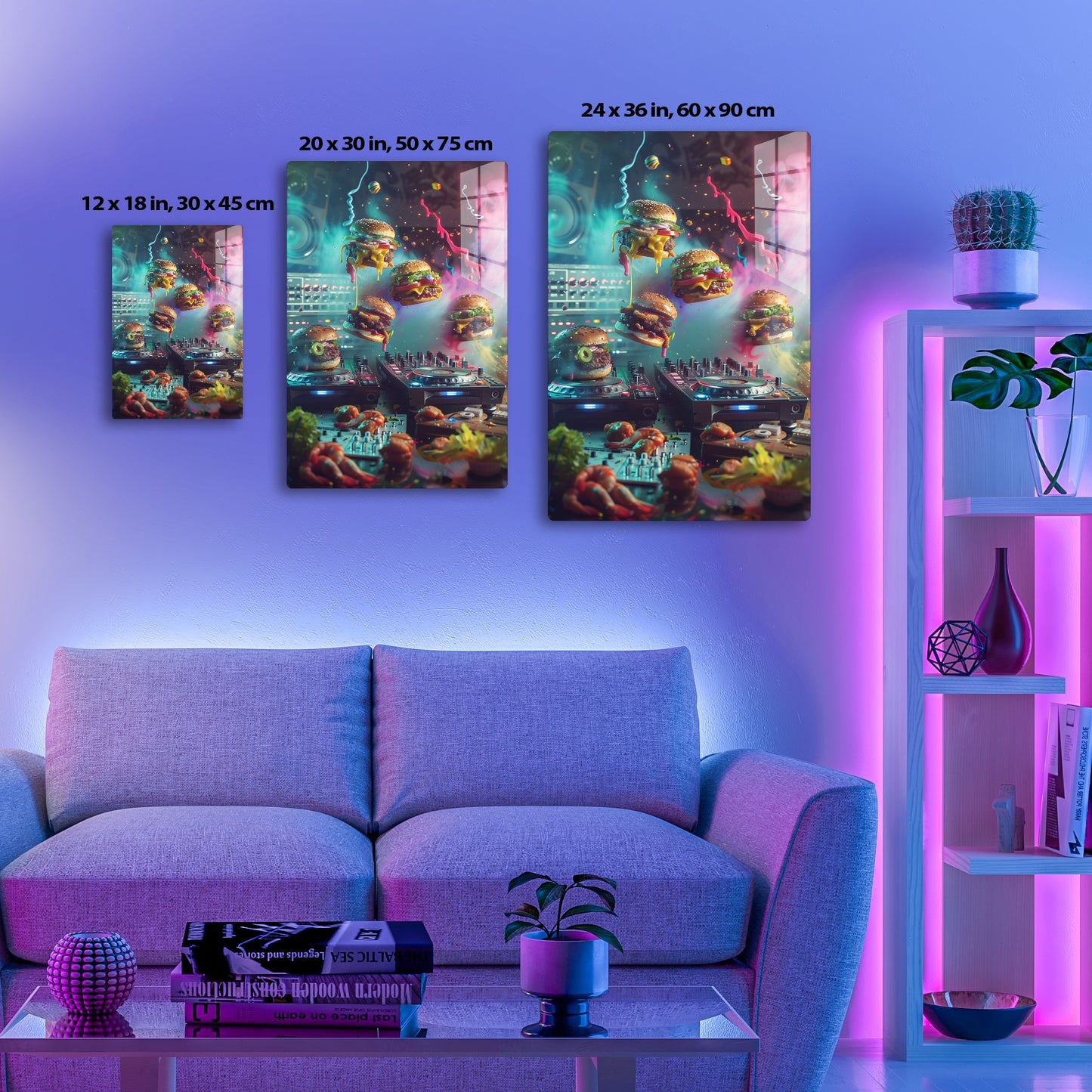 A surreal scene with hamburgers floating amidst colorful smoke and liquid splashes over DJ turntables and a futuristic cityscape, creating a vibrant and imaginative composition that blends food and music elements.

