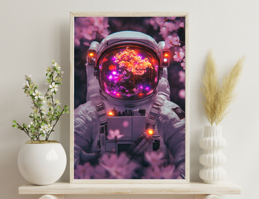 A spacesuit helmet displays a vibrant, miniature cherry blossom tree inside its tinted visor, surrounded by glowing lights and blooming cherry blossoms outside creating a surreal, dreamlike atmosphere.
