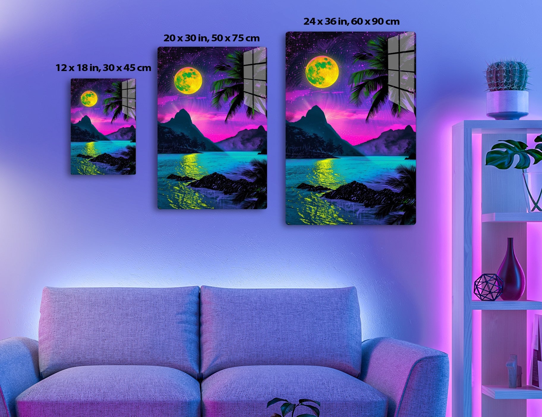 A vibrant moonlit tropical landscape with a large yellow-green moon, purple starry sky, silhouetted palm trees, pink-hued mountains, and a calm turquoise lake reflecting the celestial scenery.
