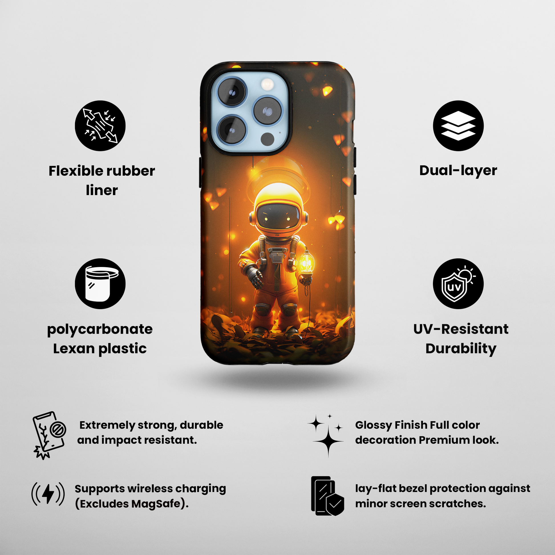 Yellow Astronaut Robot (iPhone Case 11-15)Discover the perfect balance of style and safety with RIMA's Tough Phone Case for iPhone 11, 12, 13, 14, 15 . Enjoy enhanced protection with a stylish glossy finish.RimaGallery