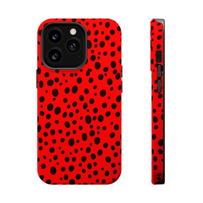 Dotted Delight - Red (iPhone MagSafe Case)Elevate your iPhone's style with the Red backdrop with varied black dots MagSafe Case, offering robust protection, MagSafe compatibility, and a choice of matte or glRimaGallery