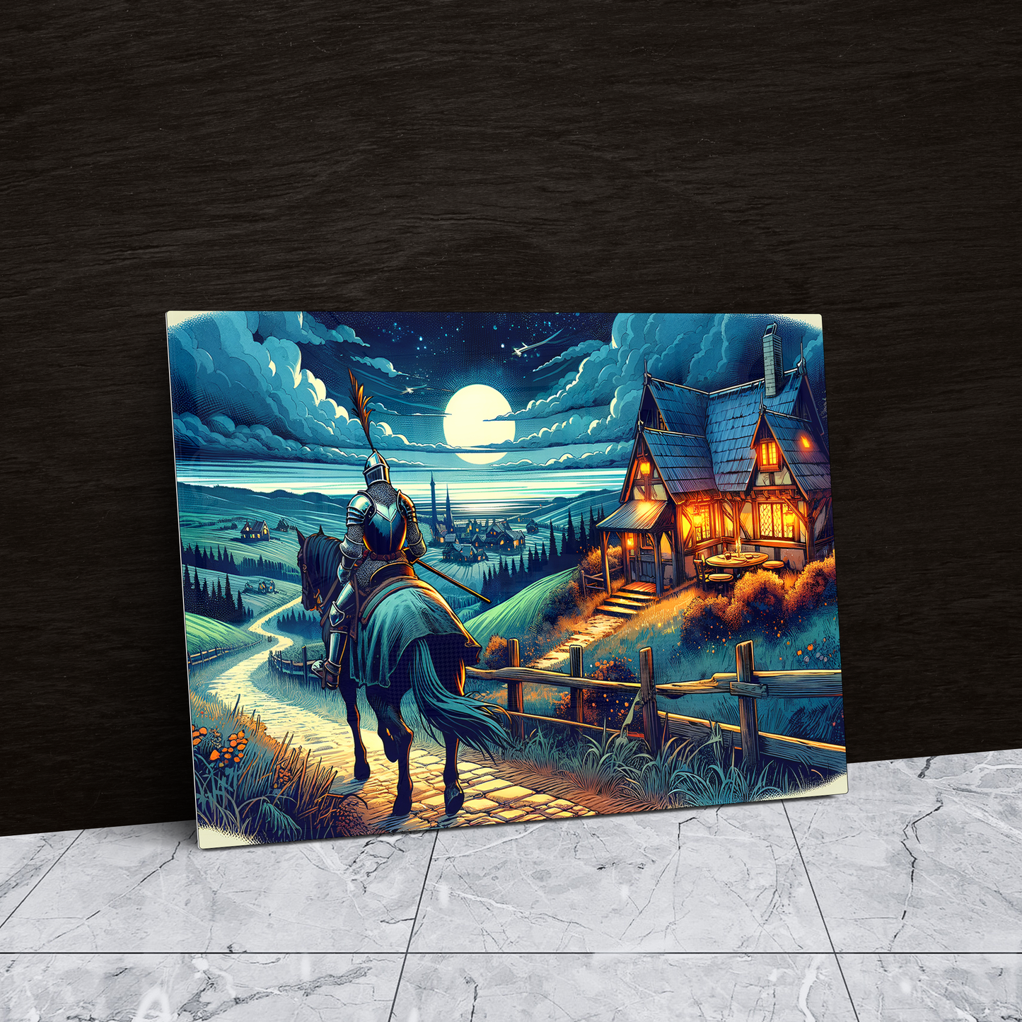 Moonlit Knight's Return (Acrylic)Make a statement with Moonlit Knight's Return acrylic prints. The 1⁄4" acrylic panel exudes the illusion of a smooth glass surface for vibrant artwork. Pre-installedRimaGallery