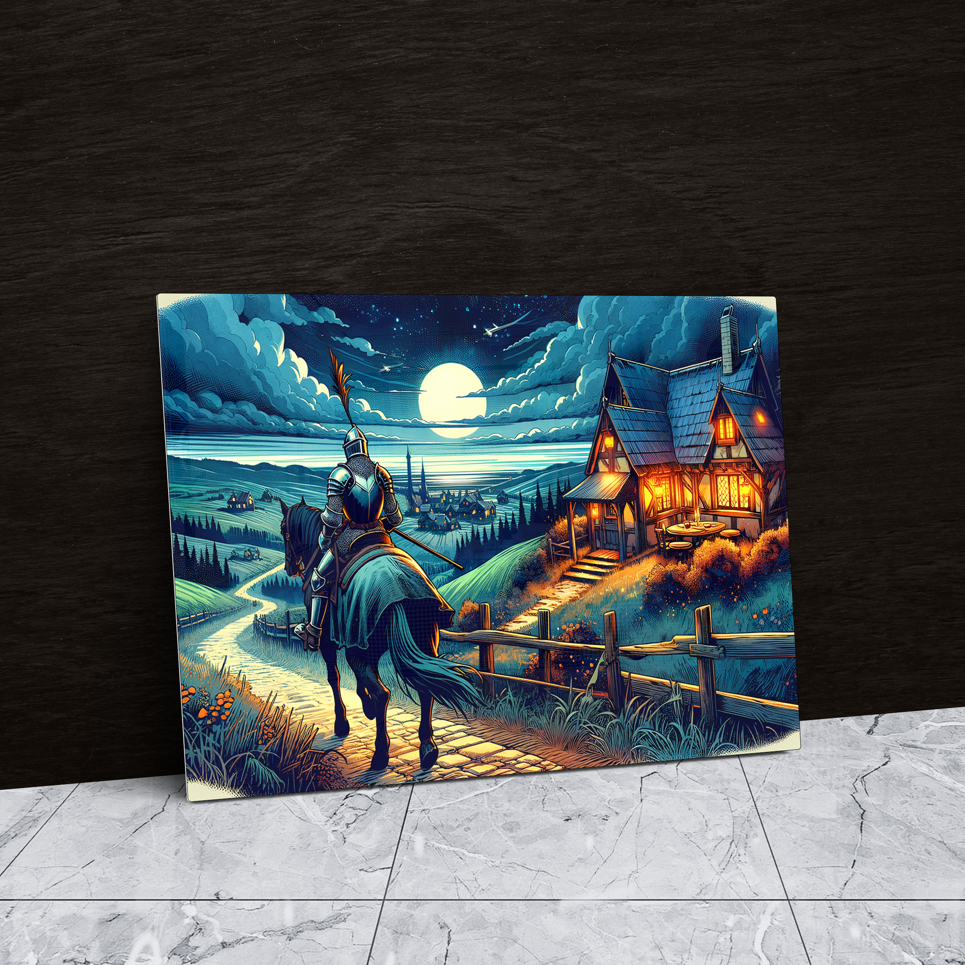Moonlit Knight's Return (Acrylic)Make a statement with Moonlit Knight's Return acrylic prints. The 1⁄4" acrylic panel exudes the illusion of a smooth glass surface for vibrant artwork. Pre-installedRimaGallery