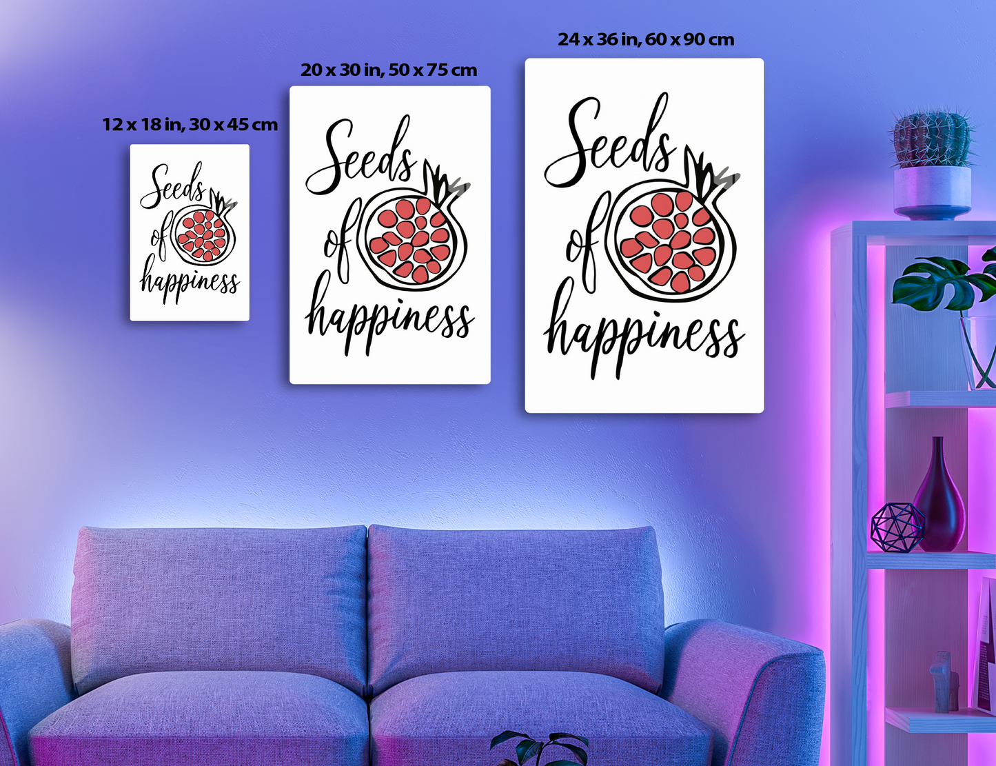Black cursive text on a white background reads "Seeds of happiness" with an illustration of a pomegranate fruit showing its red seeds.

