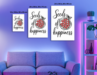 Black cursive text on a white background reads "Seeds of happiness" with an illustration of a pomegranate fruit showing its red seeds.
