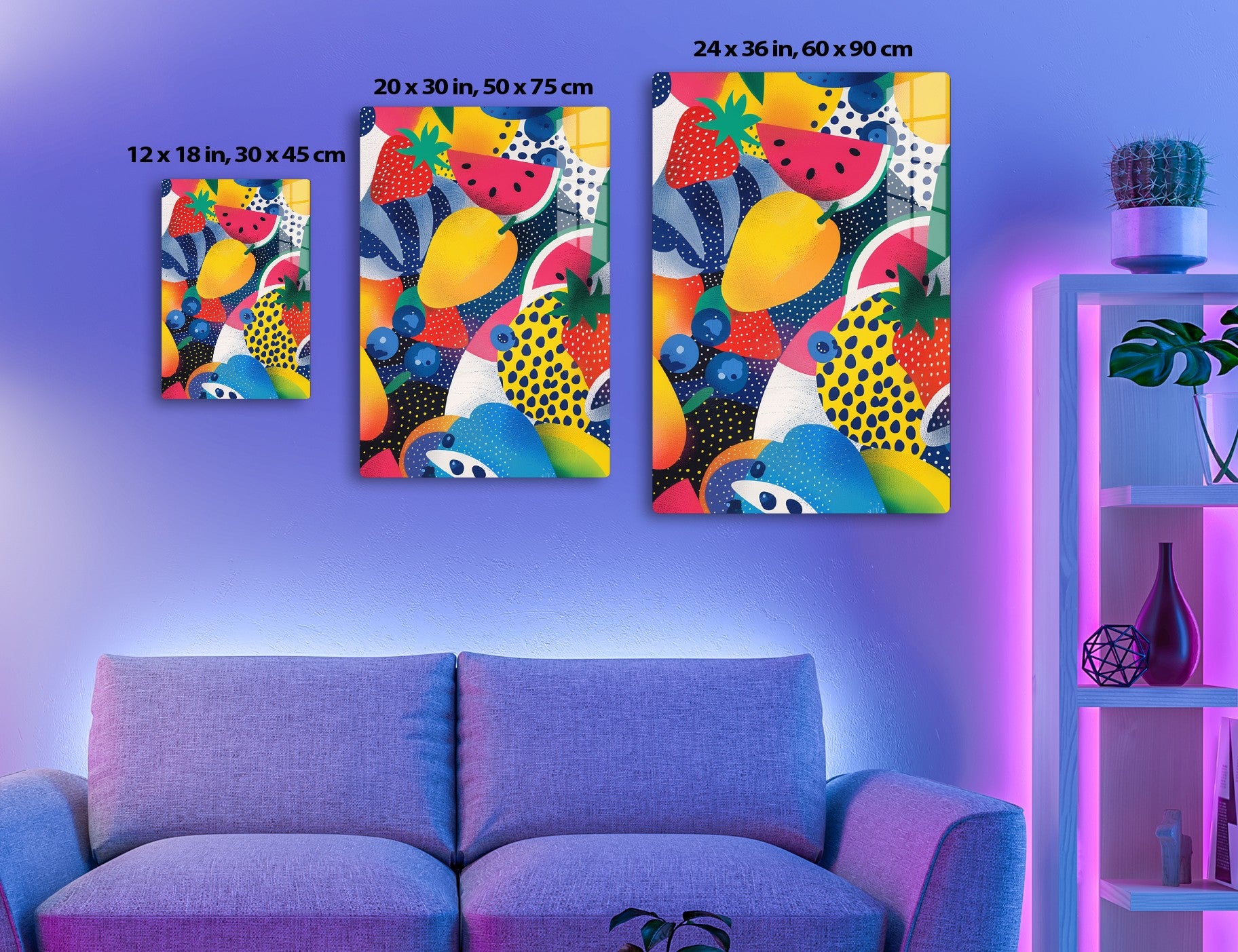 Colorful abstract illustration with patterned fruits like watermelon, pineapple, blueberries and strawberries in vibrant colors and playful shapes.
