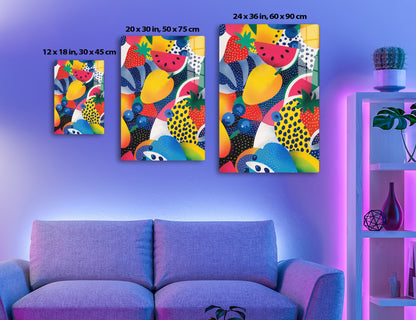 Colorful abstract illustration with patterned fruits like watermelon, pineapple, blueberries and strawberries in vibrant colors and playful shapes.
