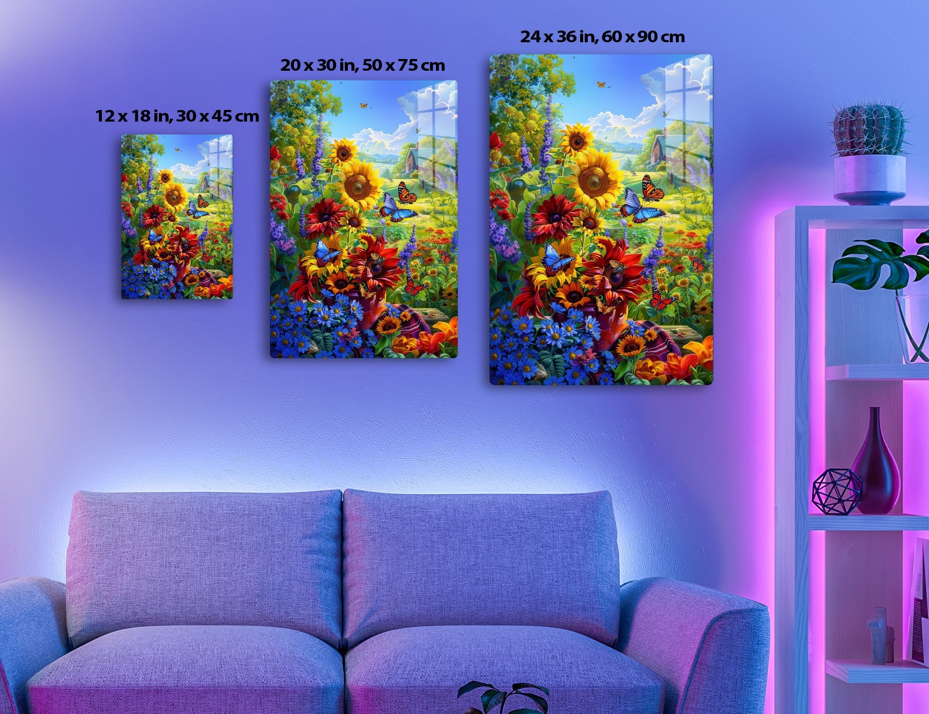 A vibrant meadow scene with sunflowers, daisies, and butterflies in the foreground, leading to a rustic barn and mountains in the distance under a blue cloudy sky.
