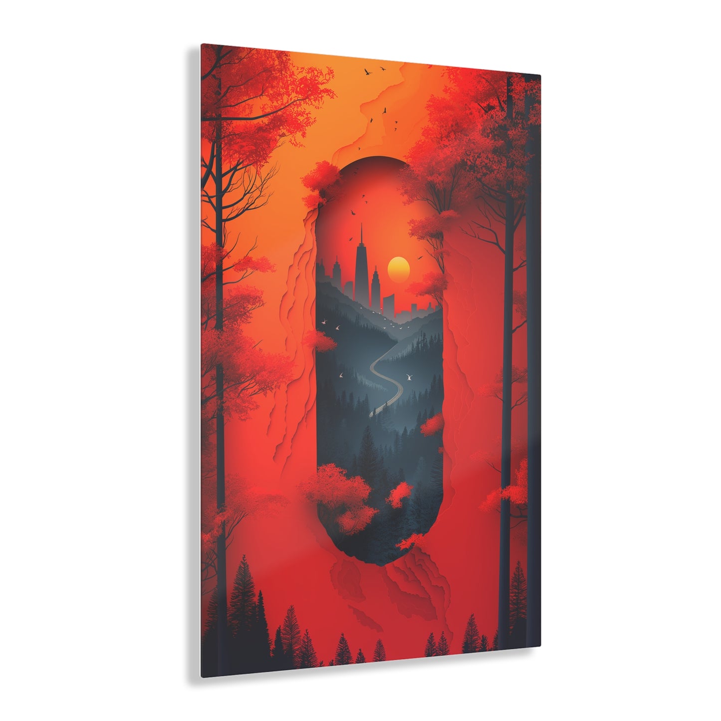 Red Leafy Cityscape (Acrylic)Step into the universe with Red forest and castle Acrylic art from RimaGallery. Experience the cosmos in your home with vibrant, ethically crafted art. Free shippingRimaGallery