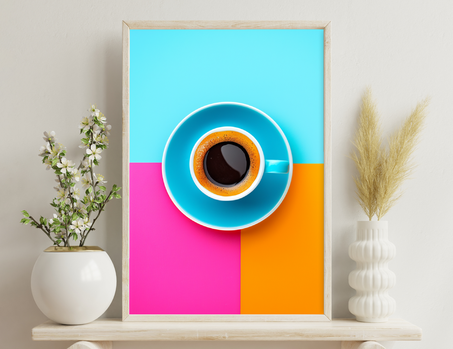 A blue cup filled with black coffee on a colorful pink and orange background, creating a vibrant and minimalist composition.
