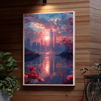A stunning sunset view of a city skyline reflected in a lake, framed by cherry blossom trees in full bloom and vibrant red foliage in the foreground.
