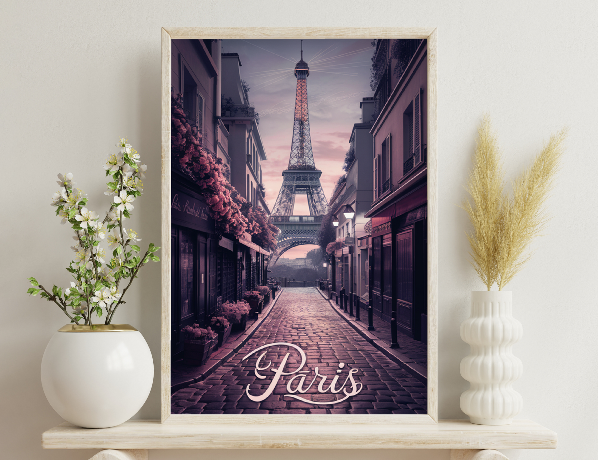 A cobblestone street in Paris framed by buildings leading to the iconic Eiffel Tower in the distance, bathed in a dreamy purple and pink sunset lighting.
