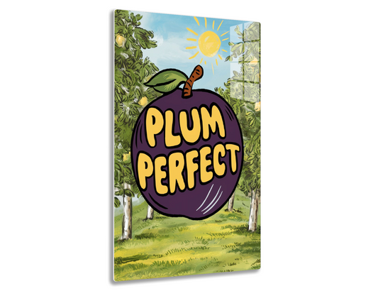 A cartoon illustration of a large, purple plum with text "Plum Perfect" written on it, set against a sunny orchard background with trees and a bright yellow sun.
