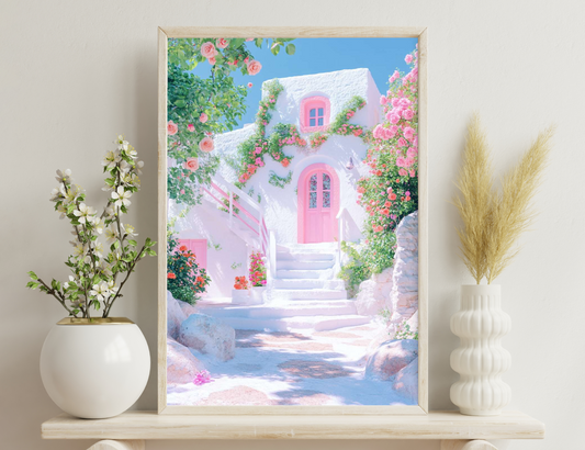 A picturesque cottage surrounded by vibrant pink roses and bougainvillea, featuring arched pink windows and doors against a whitewashed exterior, with a stone path leading to a serene blue creek.
