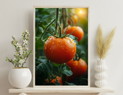 Closeup of ripe red tomatoes on the vine, covered in water droplets with green foliage in the background, showcasing their freshness and vibrant color.
